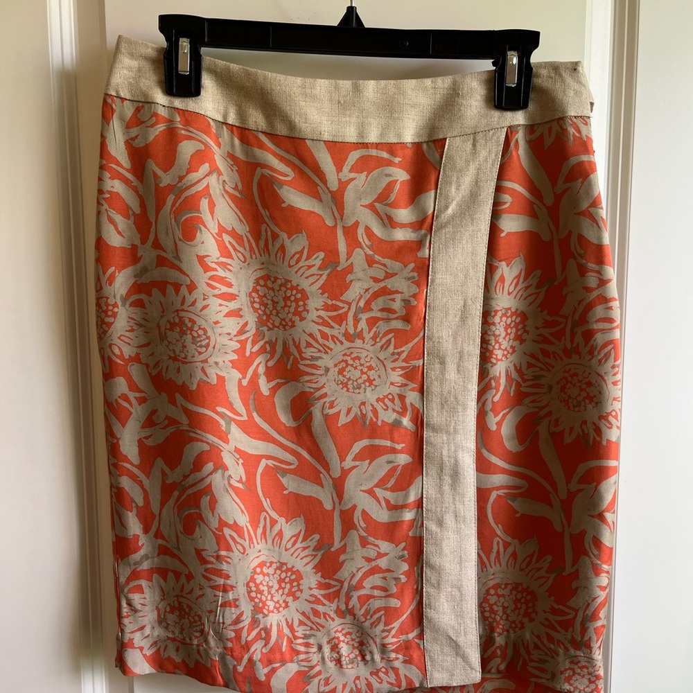 Coral Floral Print Pencil Skirt with Linen Trim